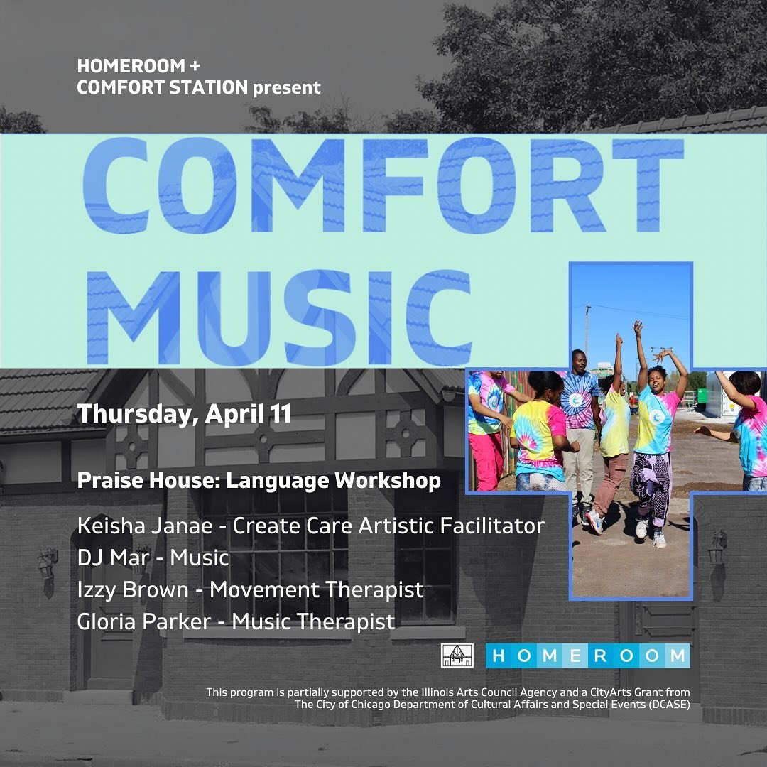 The Comfort Music + series continues at @comfort_station this Thursday with the &ldquo;Praise House: Language Workshop&rdquo; featuring Keisha Janae (Create Care Artistic Facilitator), DJ Mar (Music), Izzy Brown (Movement Therapist), and Gloria Parke