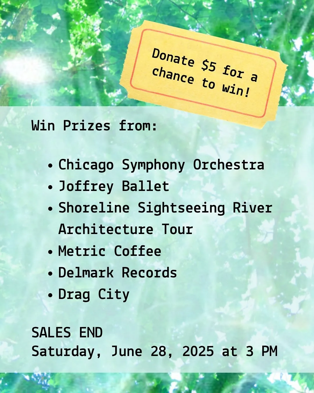 🎉 Donate $5 (online or at Summer Salon on June 28 at Compound Yellow) for a chance to win one of these awesome prizes and support paid gigs for local artists during Homeroom&rsquo;s 2025/26 season! Every $5 = 1 entry. Ends June 28 at 3 PM.

Prizes i