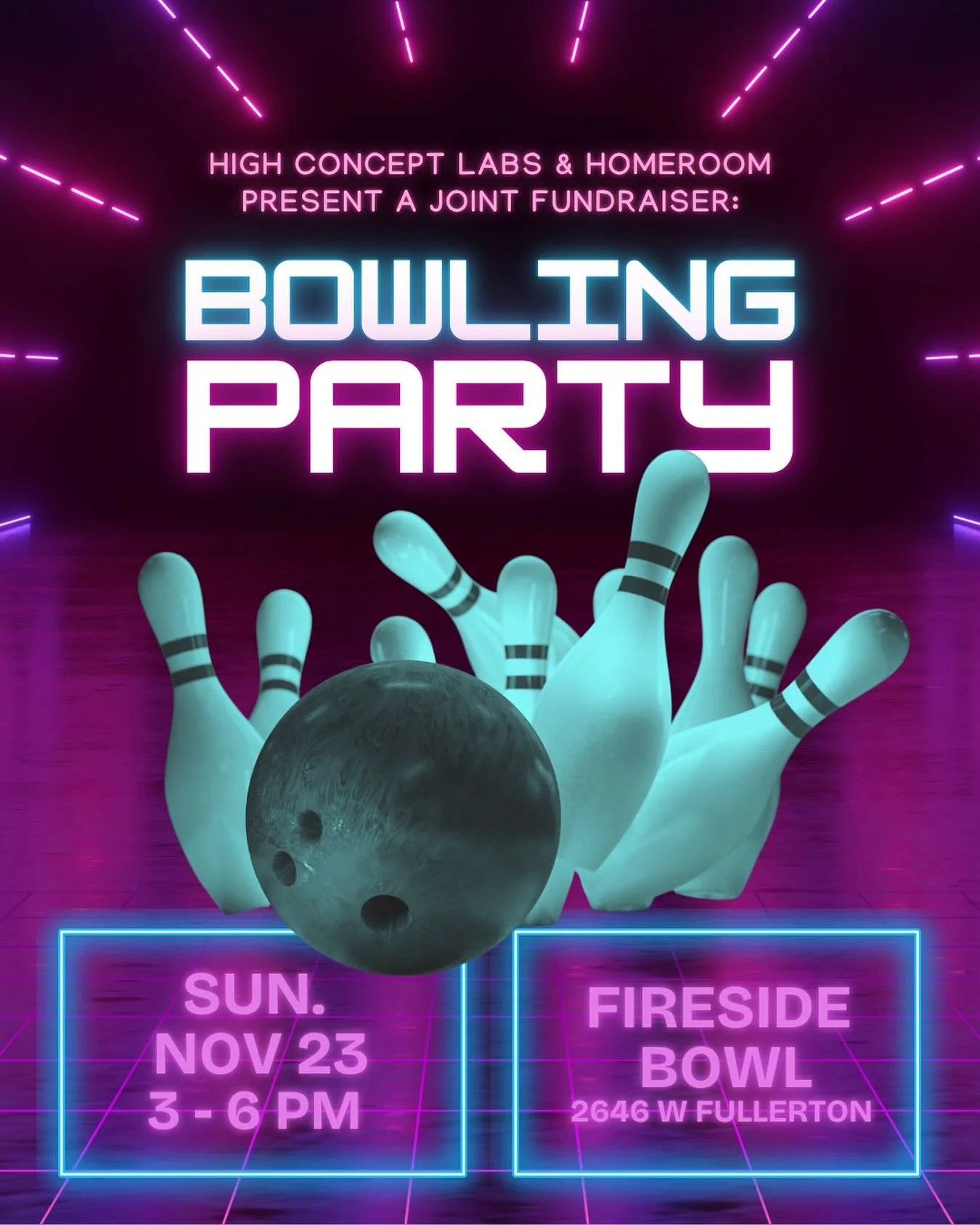 High Concept Labs and Homeroom are teaming up for a bowling party fundraiser at the iconic Fireside Bowl on Sunday, Nov 23, 3&ndash;6 PM. 🎳

Support Chicago artists with every strike, spare, and gutter ball. All proceeds help sustain two organizatio