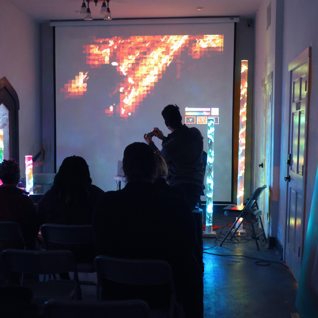   Comfort Music + on 4/10/25 featuring Owen Lowery (projections) and Kim Nucci (electronic sound), Photo by Lola Selby  