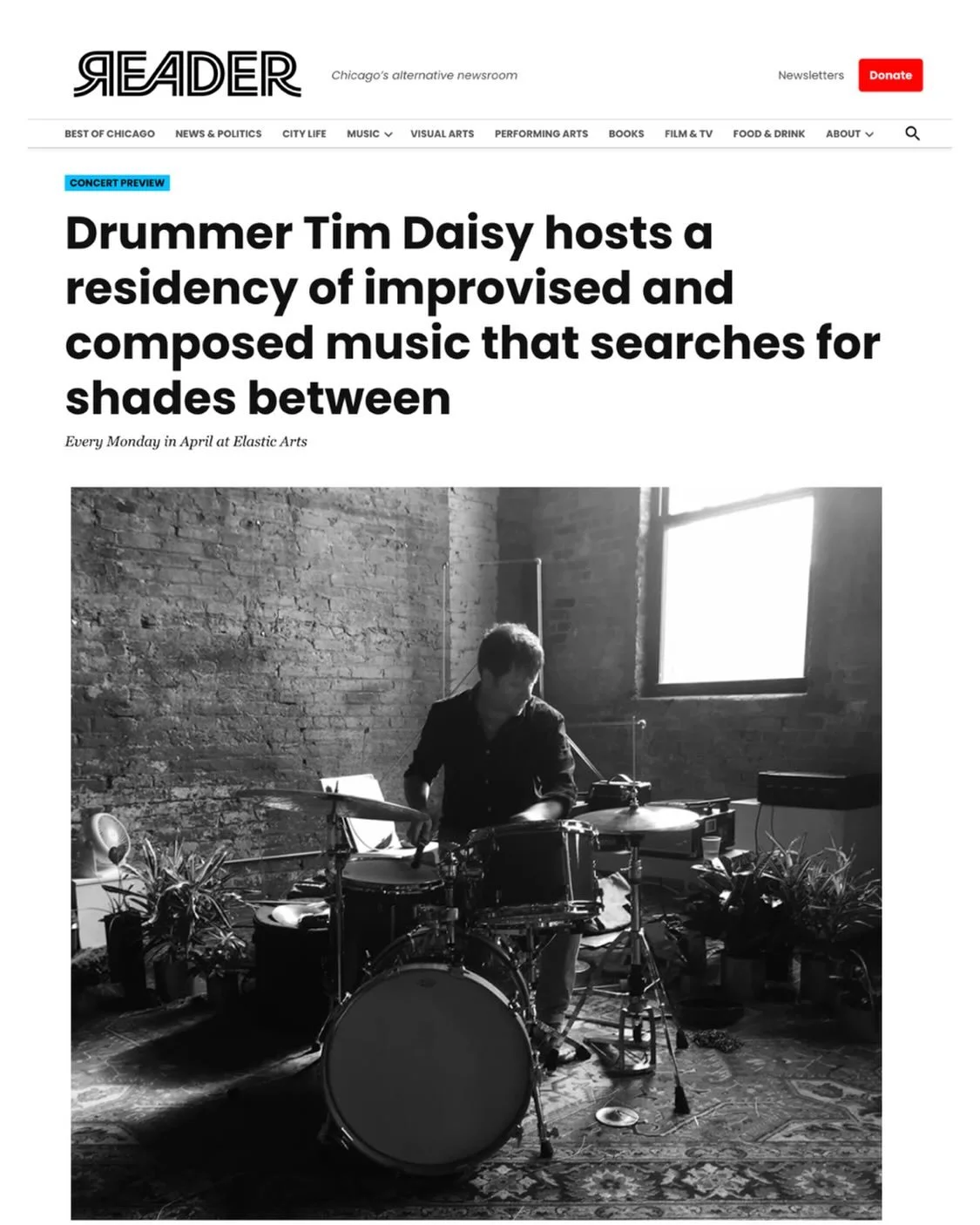 Tim Daisy&rsquo;s Homeroom Residency in the @chicago_reader! Big thanks to Bill Meyer for helping us spread the word.

Performances kick off tomorrow, Monday 4/6 at 8 PM at @elasticarts, and continue every Monday through April. Hope to see you there!