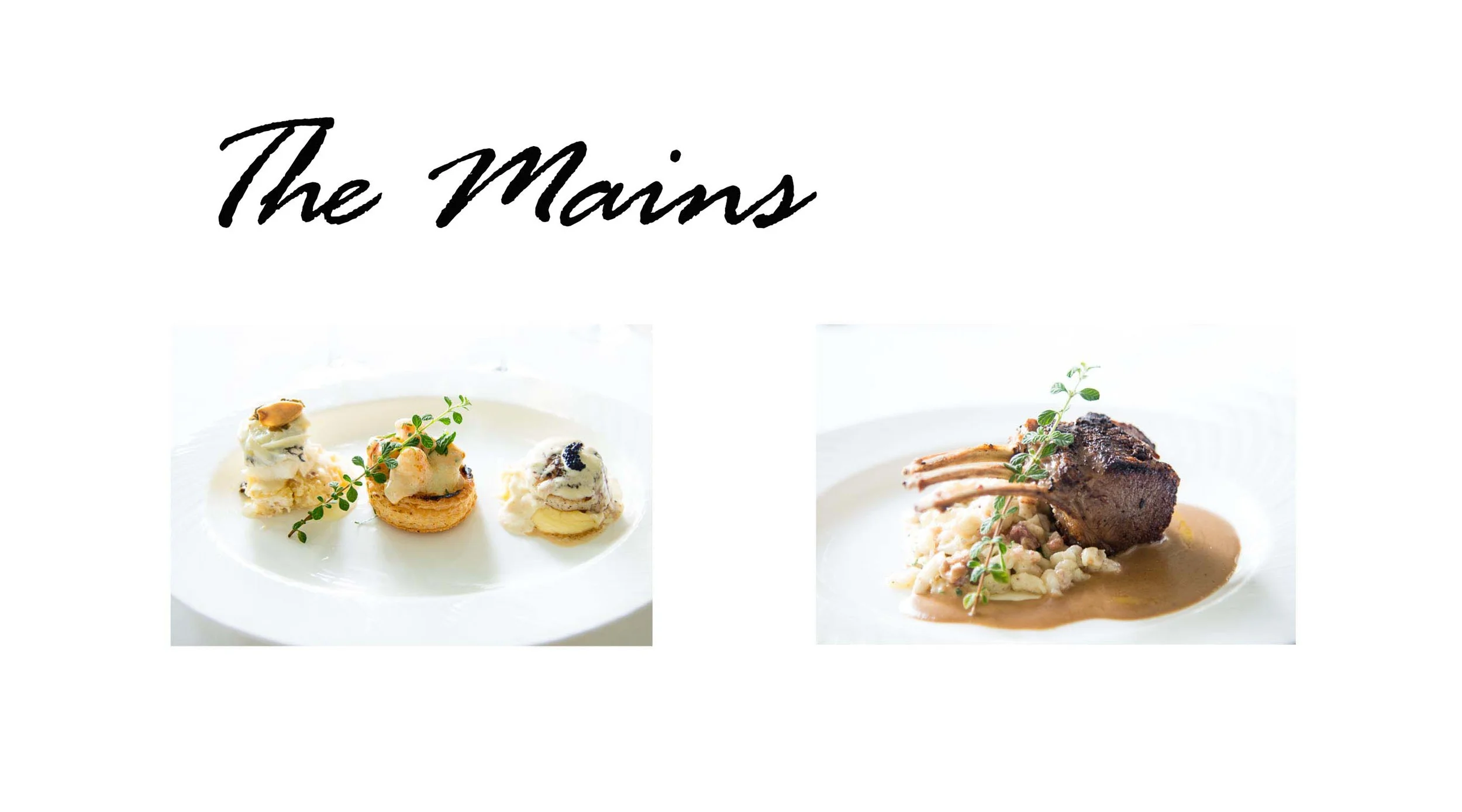 L: The Seafood Sampler. R: Herbed Roasted Rack of Lamb with Cardamom Beurre Blanc