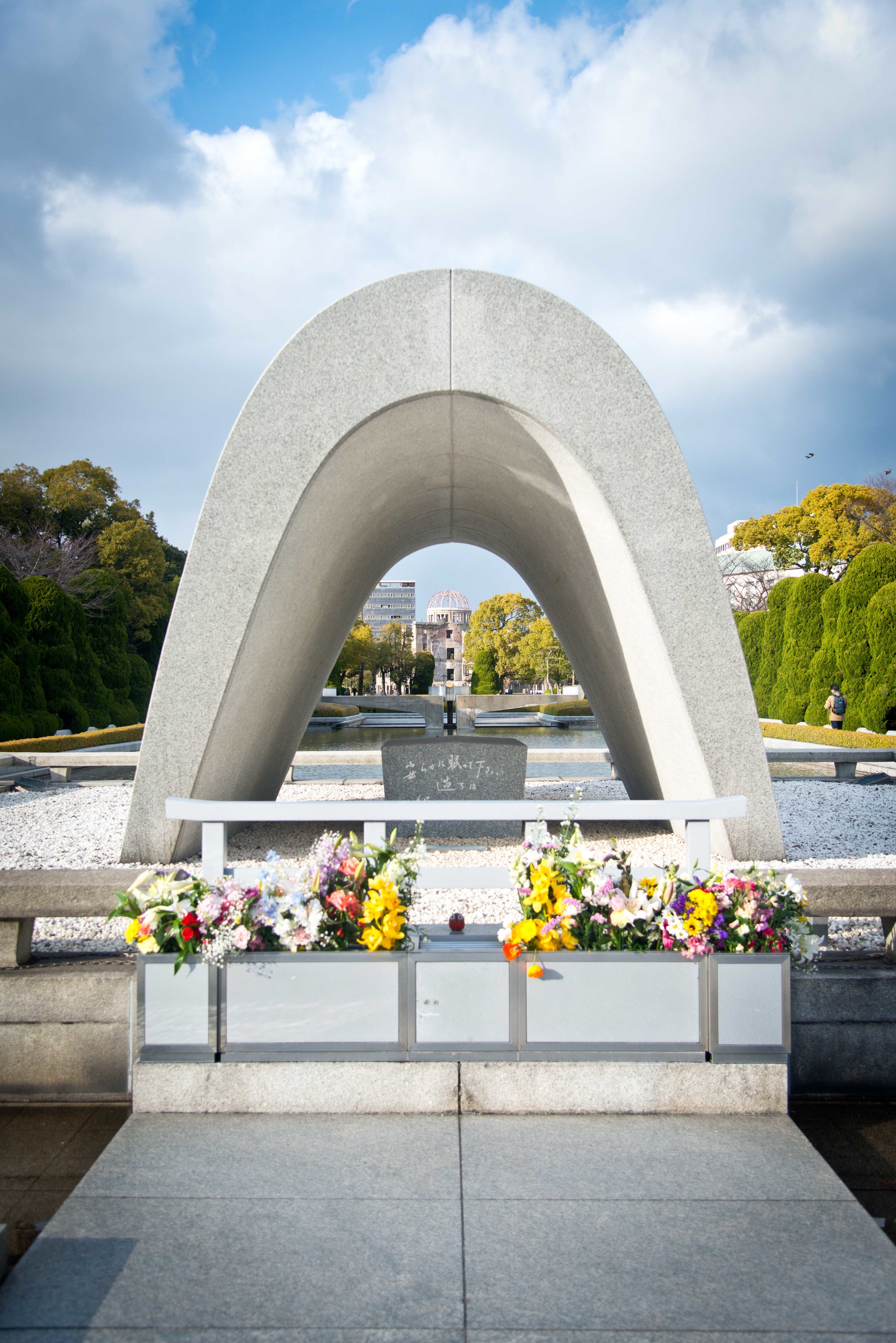 The Cenotaph, home to the eternal flame. The arch is intended to serve as a shelter to the 70,000 souls lost to the atomic bomb.