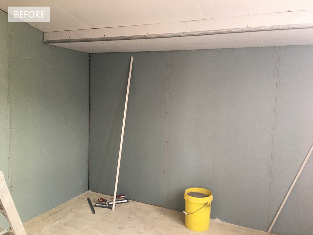 media room re-gibbed and ready for it’s transformation.