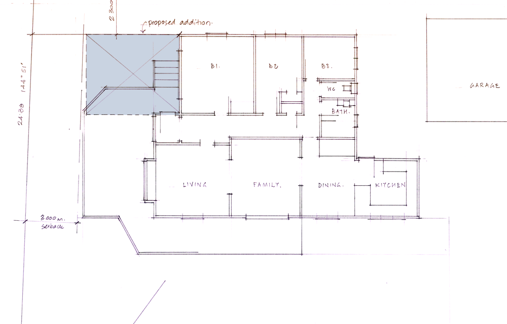 The original floor plan, the blue indicates where the extension would go.