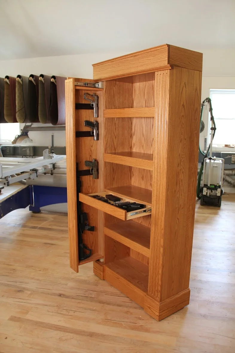 Interior view of hidden compartment shelving system with concealed locking hardware.