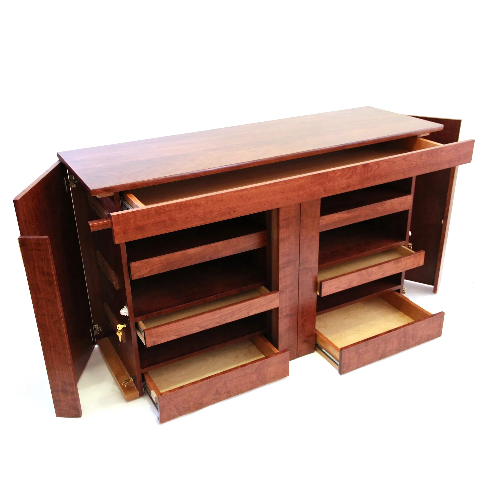 QLine SafeGuard Shelving Media Center with hidden compartments open, revealing secure storage areas