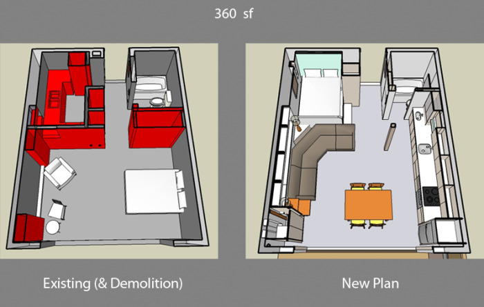 Existing and new plan (demolition in red)