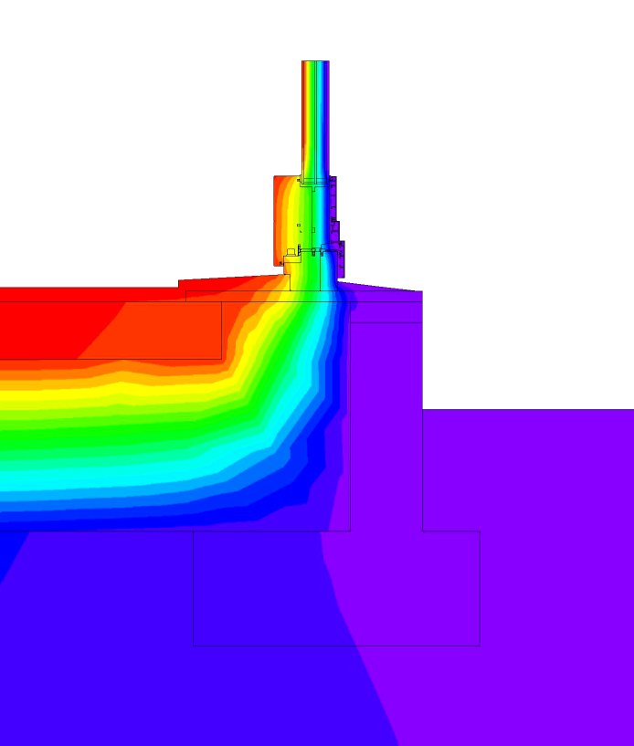 A Flixo thermal bridge model showing the threshold of an entry door. The red areas are the warm interior surface while the purple is the cold exterior. The insulation and installation methods in this detail keep the floor warm and comfortable at all times.