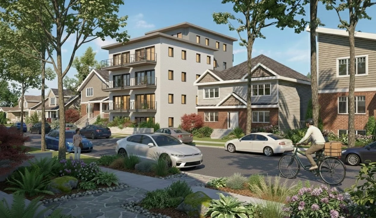 A peaceful residential neighborhood with multi-story single stair apartment buildings and single-family houses, cars parked along the street, a person walking, and a bicyclist riding by, surrounded by trees and landscaped gardens.