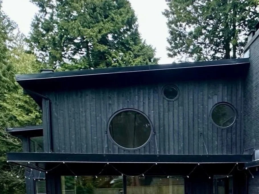 Close-up of a modern black house with round windows, surrounded by green trees.