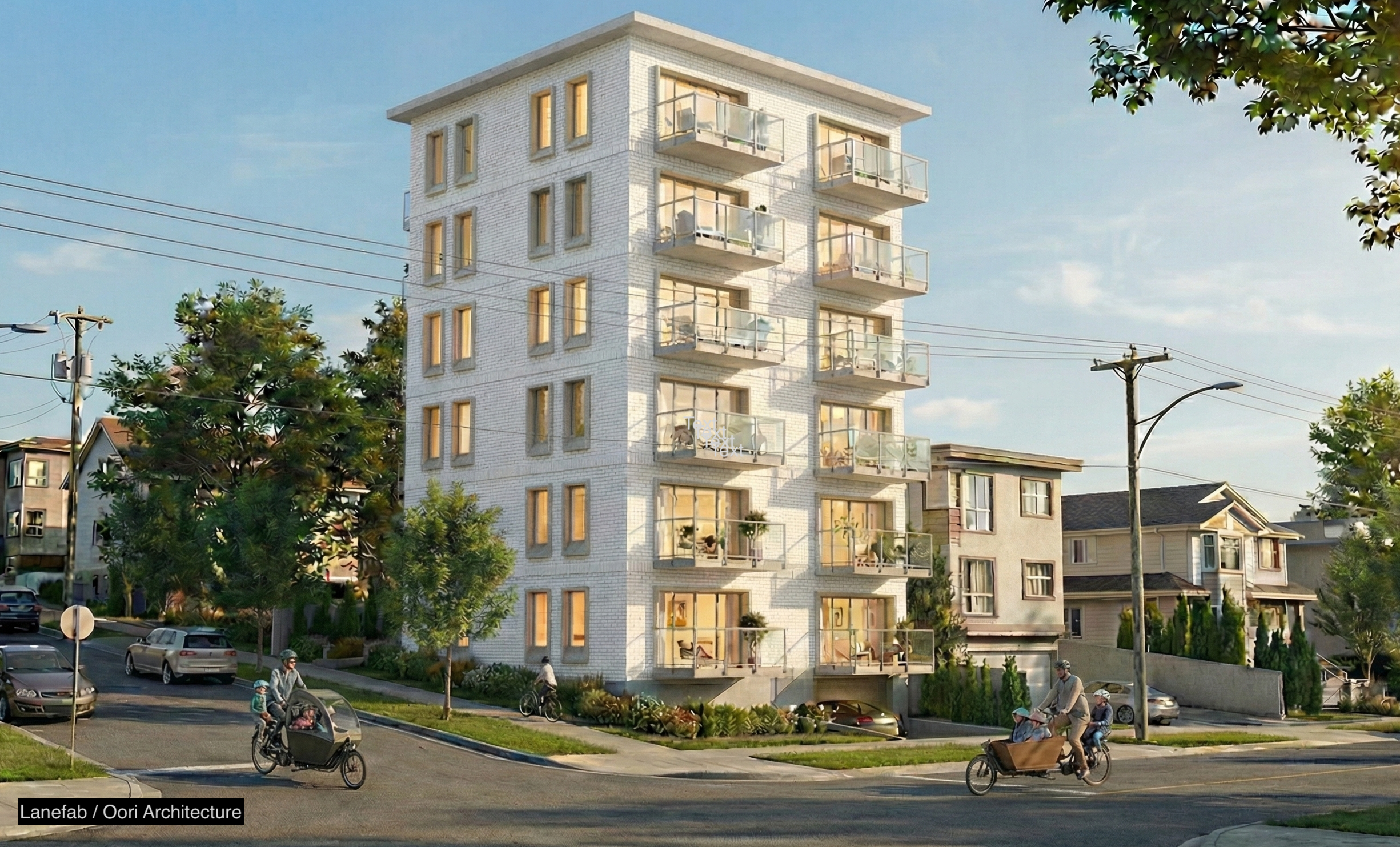 A six-story modern residential building with balconies on each floor, surrounded by trees and neighboring houses, with pedestrians, cyclists, and cars on the street.