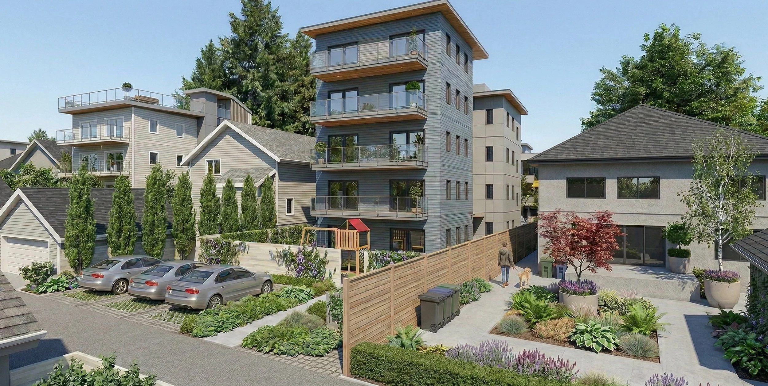 A modern residential courtyard with multiple gray houses and apartment buildings, a parking area with three silver cars, landscaped gardens, potted plants, trees, and a person walking a dog.