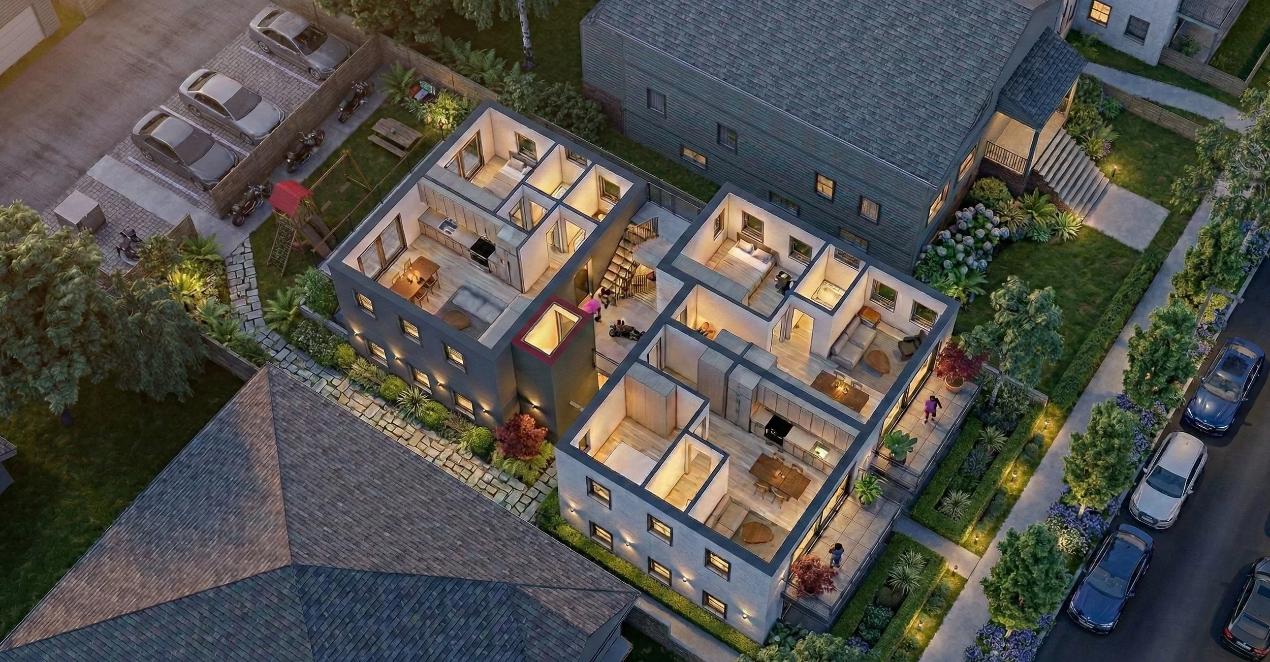 Aerial view of a modern house with illuminated interior rooms, surrounded by landscaped gardens, neighboring houses, driveway with parked cars, and a small playground area with a slide.