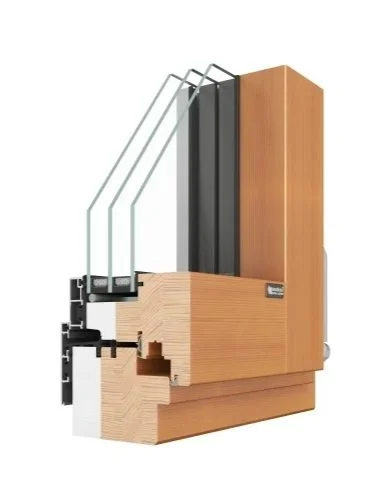 Cross-section of a wooden passive house window frame showing glass panes, sealing, and hardware components.