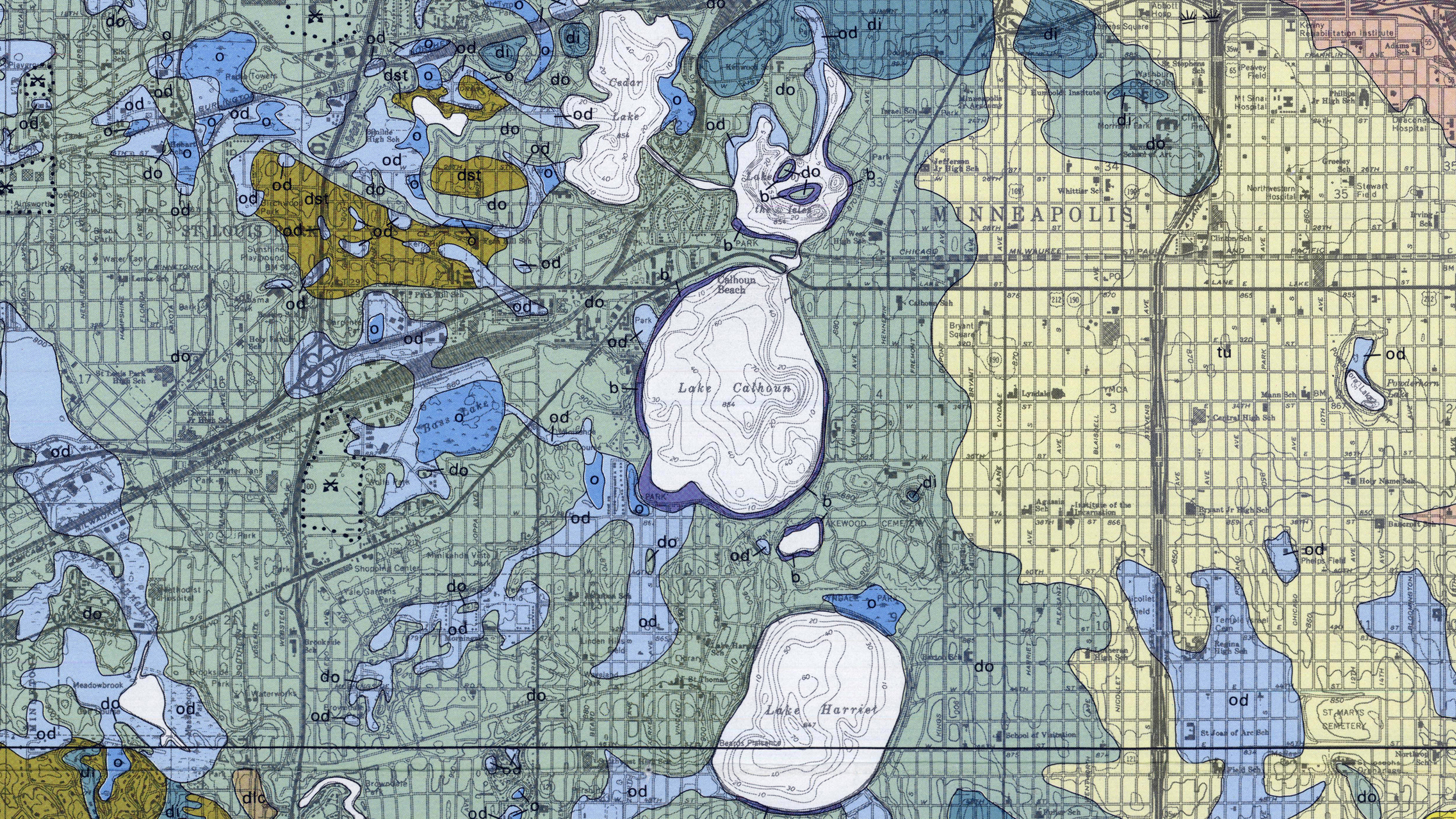  Geological map of Minneapolis showing glacial deposits over time; closeup of the Chain of Lakes.&nbsp;(Courtesy UMN / Minnesota Geological Survey) 