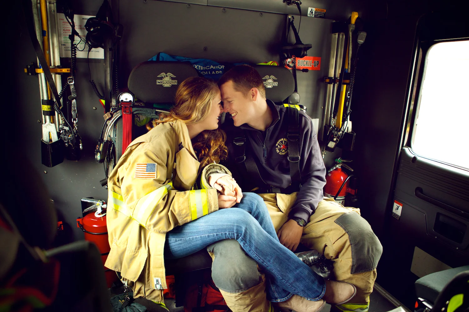 I owa Fire Station in Windsor Heights. Engagement session at the fire station with a fire fighter.