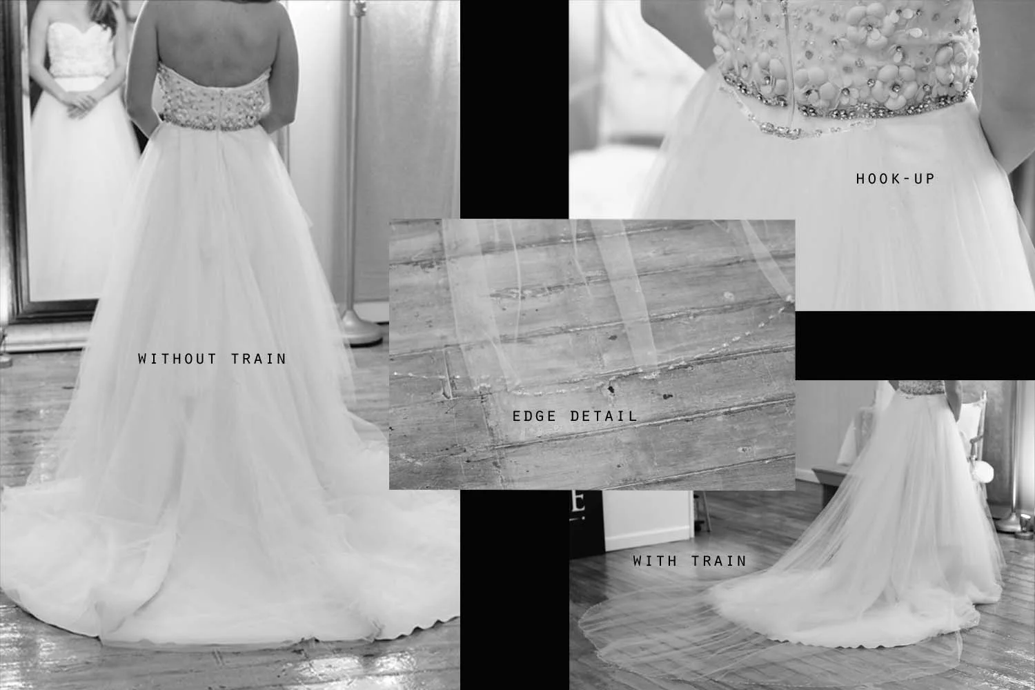 Do you love the look of a Cathedral length veil, but don't want to cover up the back of your gown? We can add a removable train, in a sheer, veil style to compliment your dress. 