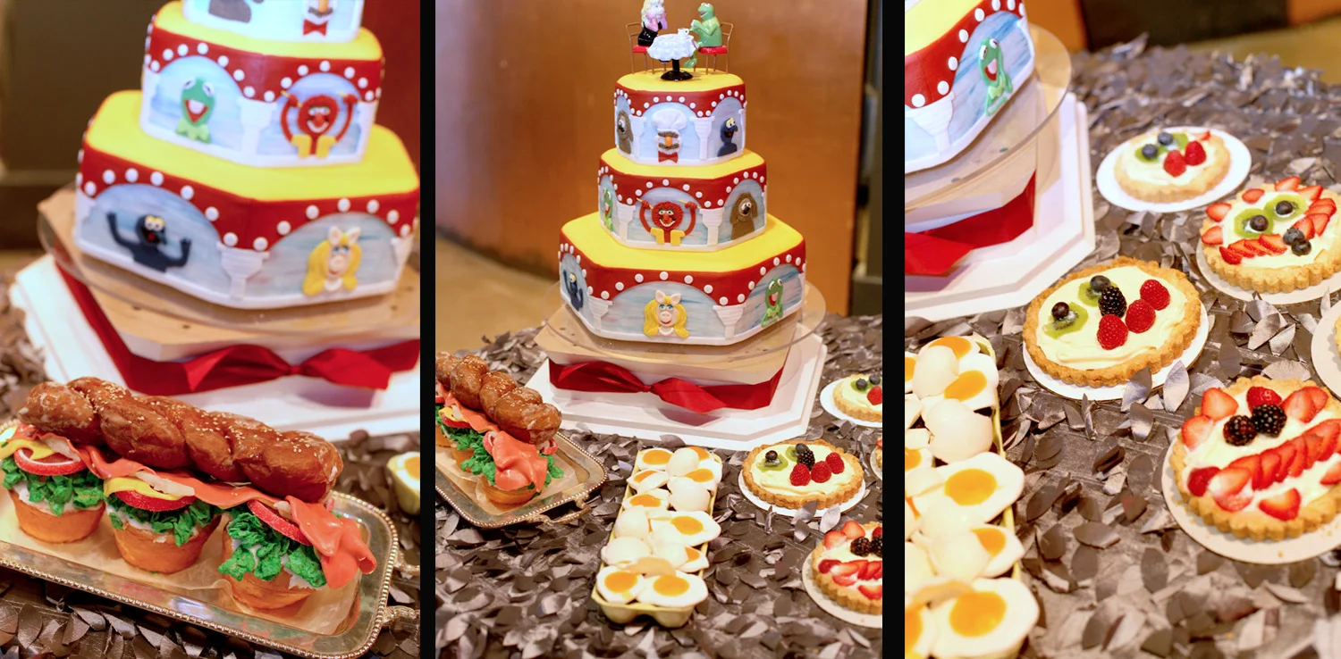 The Hoagie-looking thing is actually a confectionery creation, as are the eggs. You'll notice the Sesame Street theme popping up all over. Everything they did was with a wink and a nudge. 
