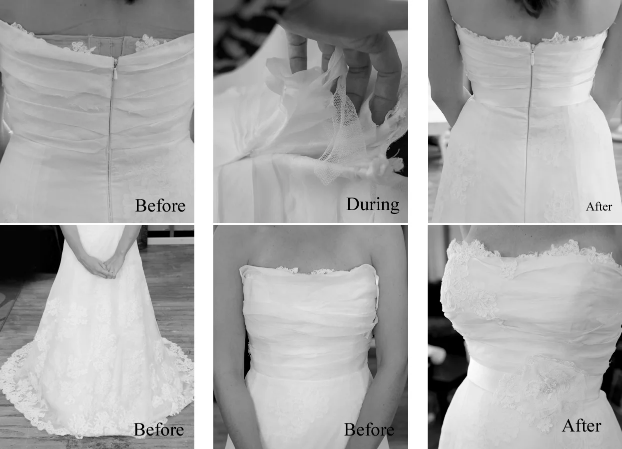 That "during" picture shows that I had to completely deconstruct the sides to rearrange the way that the strips were laying. Each strip had to be trimmed of its frayed edges. We added more Alencon lace to the bodice. We also made a sash for Sarah. 