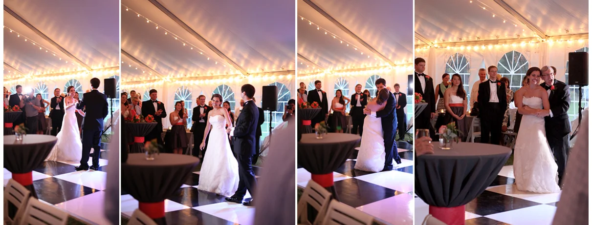 Woah. The weatherman cranked it up a few degrees hotter in there! Aww... but look at Sarah and her Dad. He's having a blast! Sarah's bustle held up well for all the movin' and shakin'. She chose a french bustle which was put in with ribbons- it's one of the stronger bustle types that one can pick. 