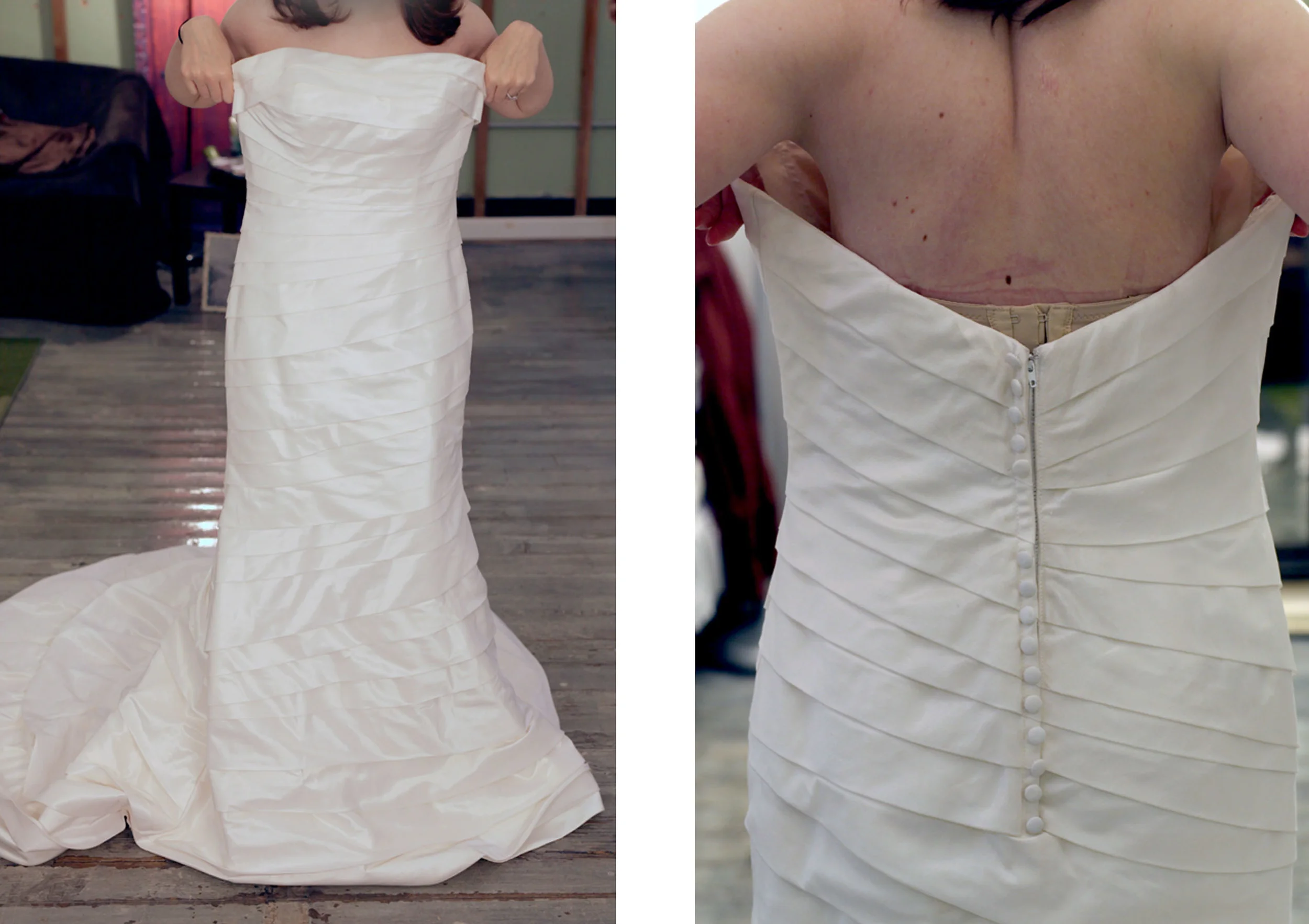 wowzaas! Here are the before shots. The dress was about 5 inches too long and 10 sizes too big... BTW, plz fudge over the white balance issues. I know the dress appears to be a different color in each pic! lol We have several different types of bulbs in our shop and I just didn't feel like, or have time to fidget around with the colors. 