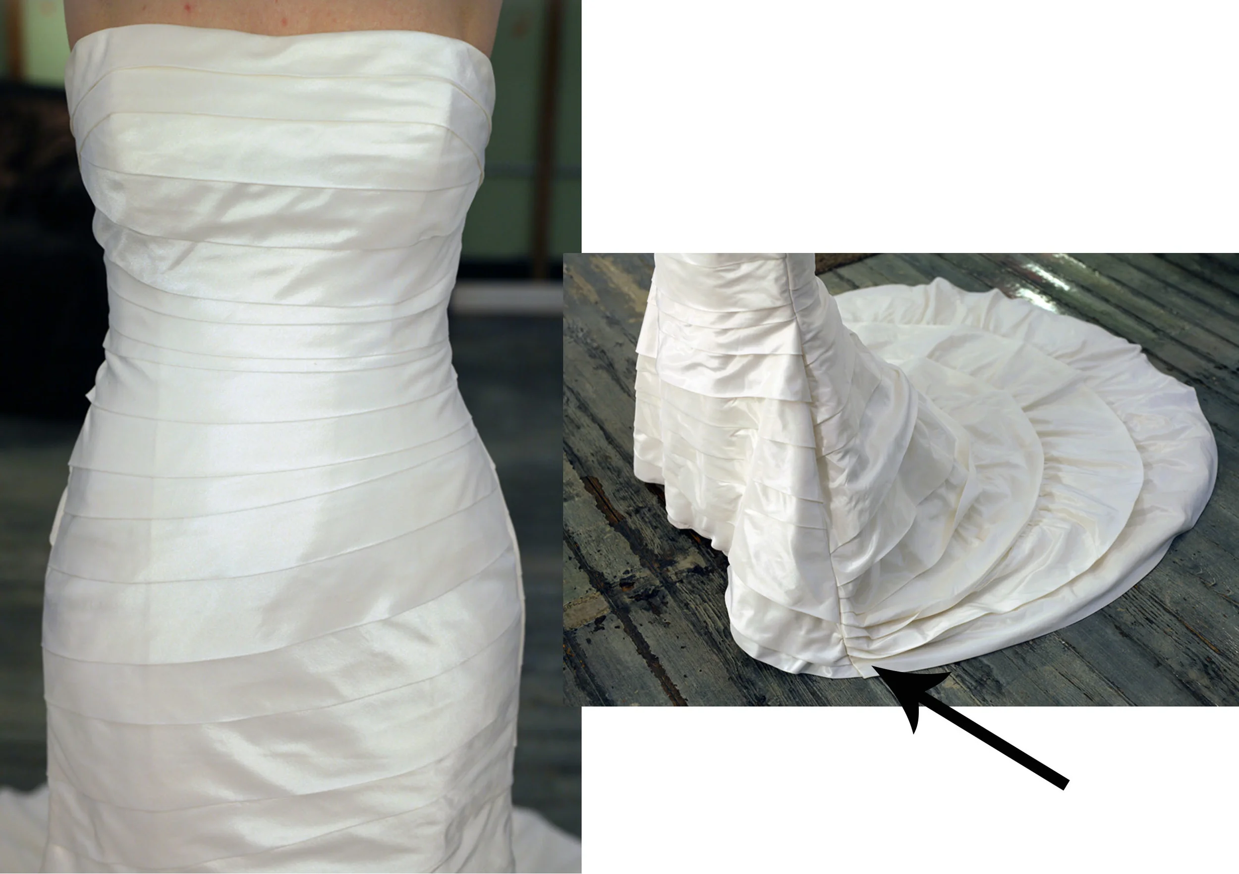 Here's a closer take on that "Gilded" fit. Next, note the arrow. It's pointing to an area that I had to ease in. The train was long on the sides because of the dress being too long, but we don't want to shorten the train. That's a beautiful ease, there folks. ;) Please note, we didn't just whack the sides of the train. 