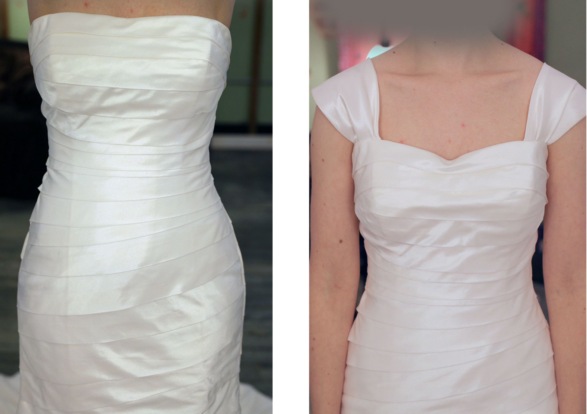 Next step. &nbsp;She wanted a bit of a sweetheart without cutting it out or adding too much texture. &nbsp;She also wanted cap sleeves made from the fabric which was harvested from the hem. &nbsp;