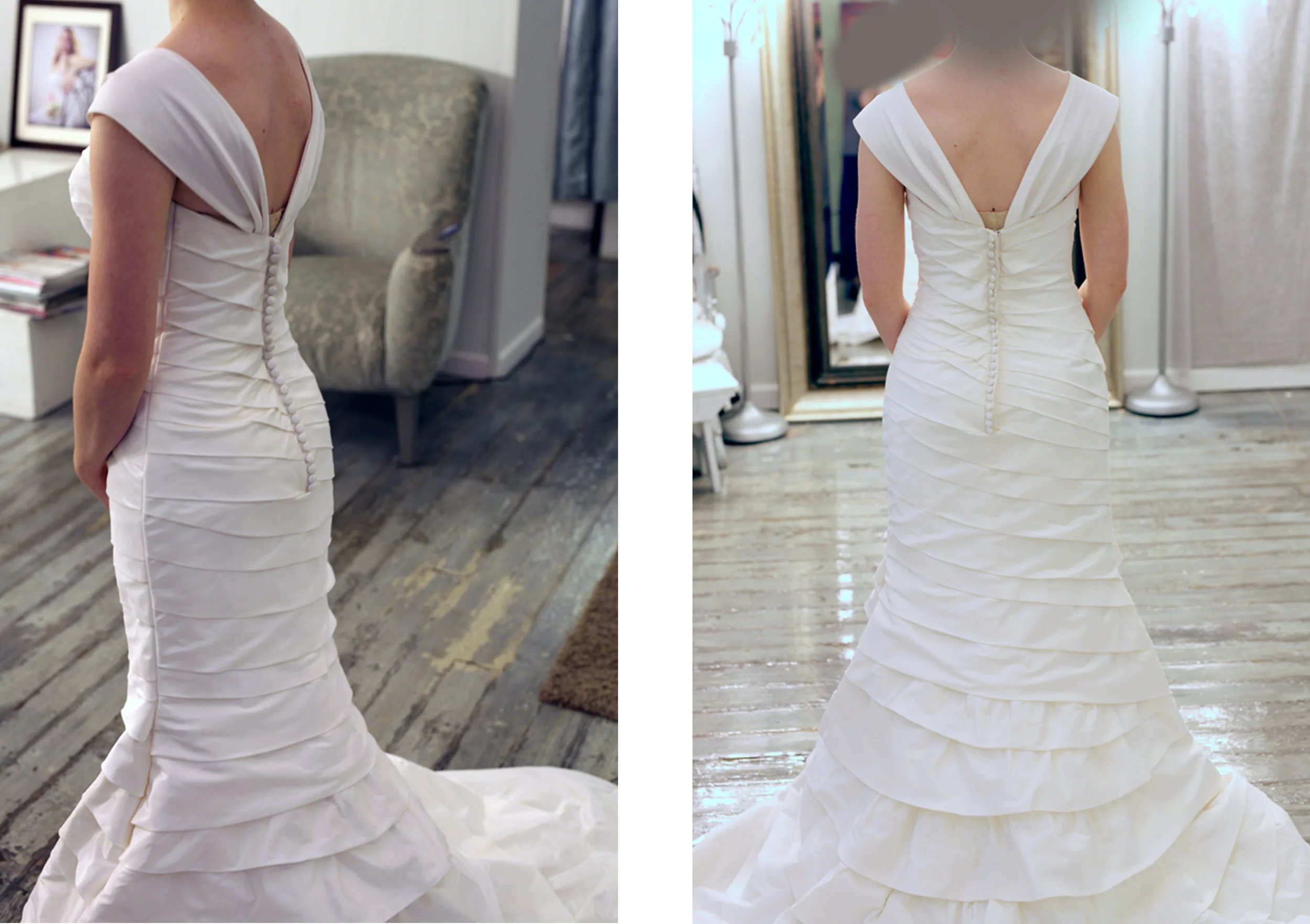 Final looks. The buttons were originally a little more spaced out. We added 12 buttons to railroad them together a little tighter. Check out this fit!! I love the back of those straps. (Ignore the bra strap. She's going to go bra shopping.) 