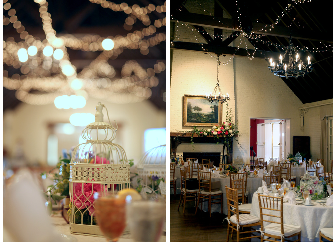The reception area was beautifully decorated. They used bird cages and books. 