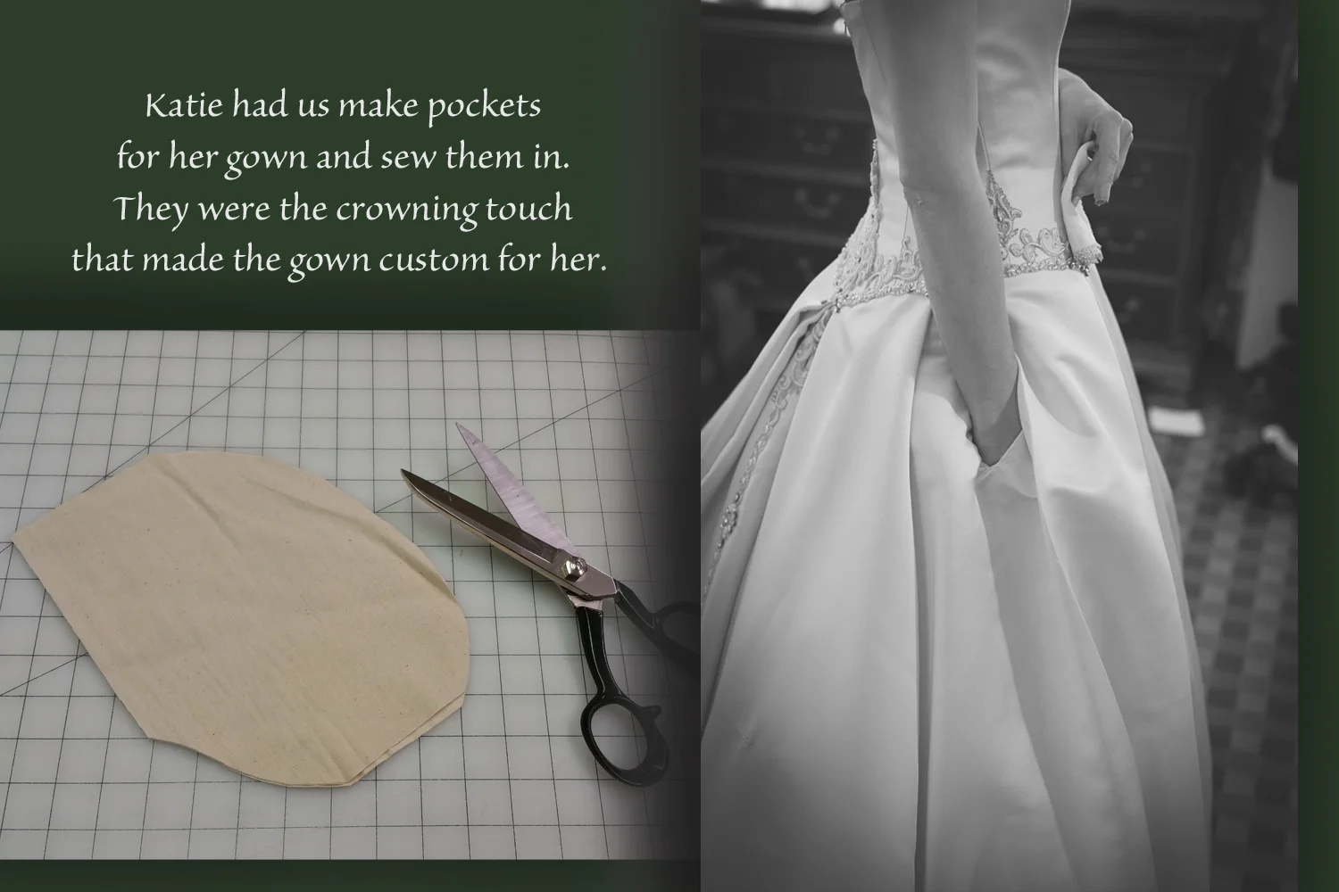 The pockets were not visible because of the lay of her pleats. &nbsp;You could only see them when she used them. &nbsp;