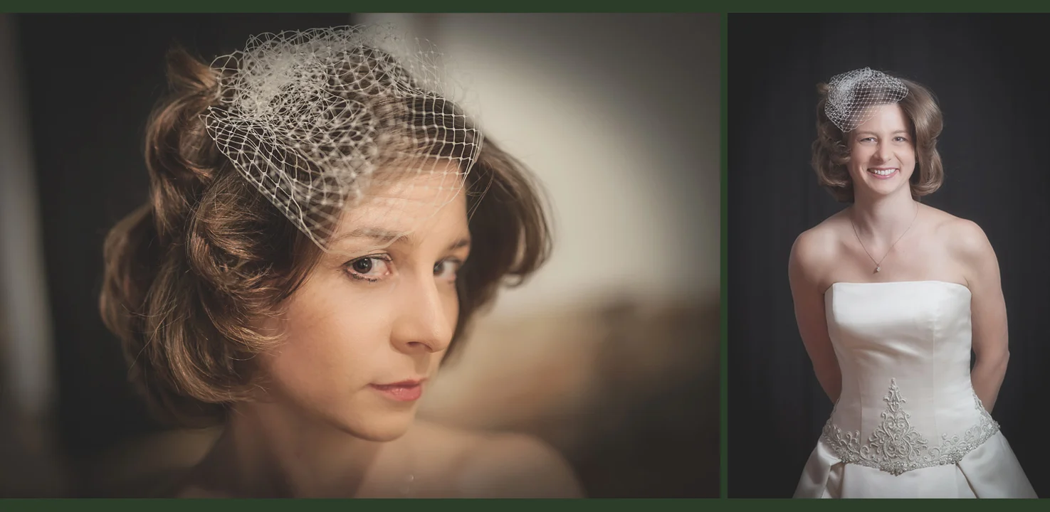 Katie is modeling her custom made birdcage veil that we designed for her. 