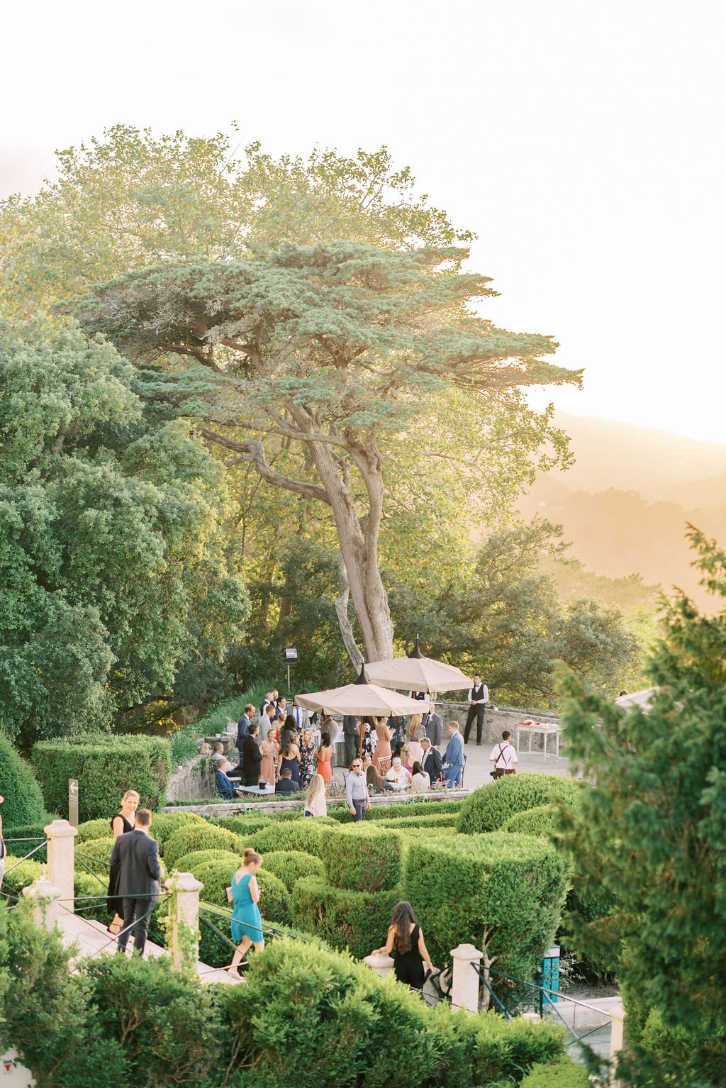 Beautiful sunset image behind Palácio de Seteais in Sintra, with tall trees and wedding guests gathering underneath