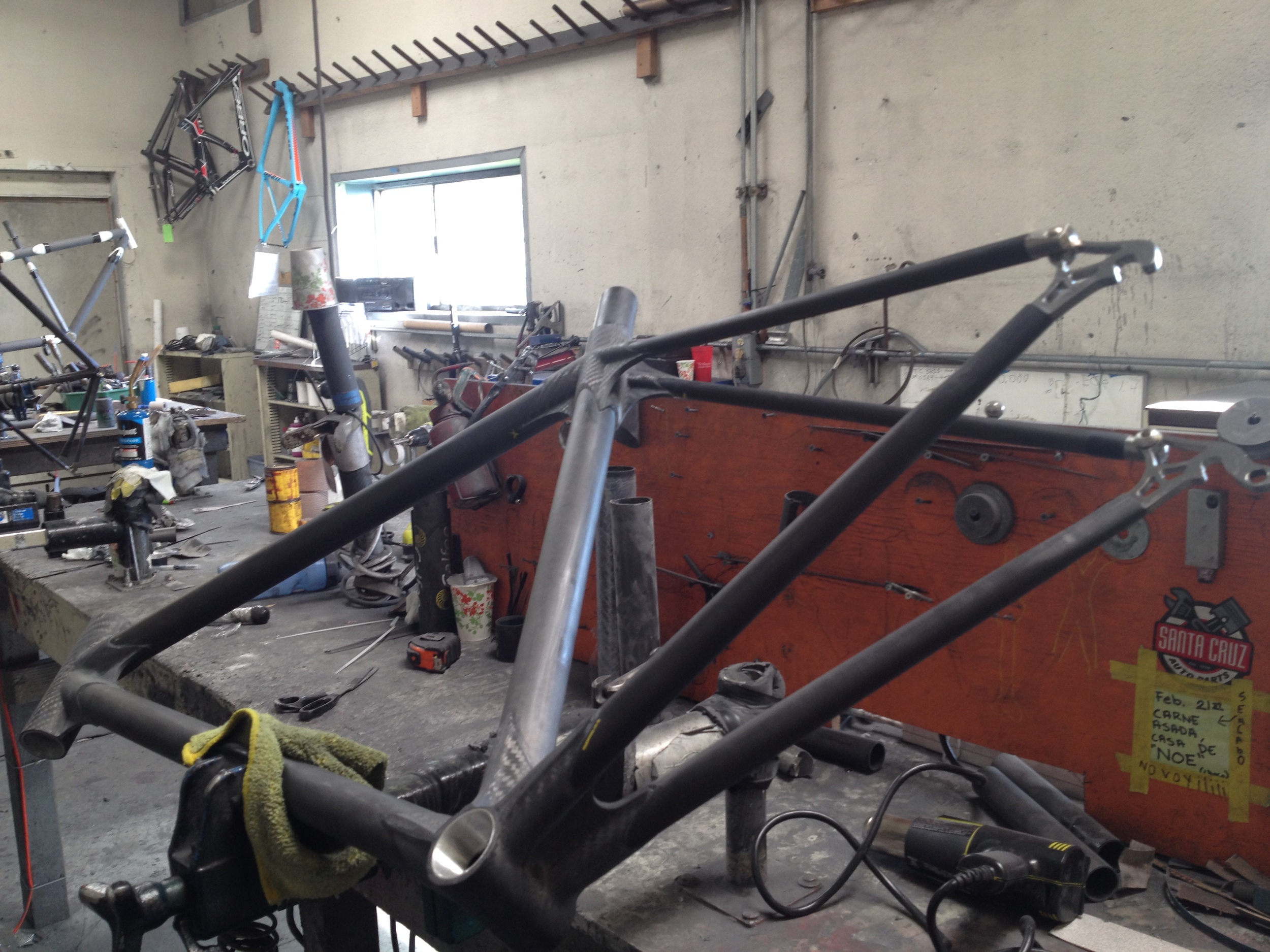 Fresh out of the jig, the frame is getting some finishing.