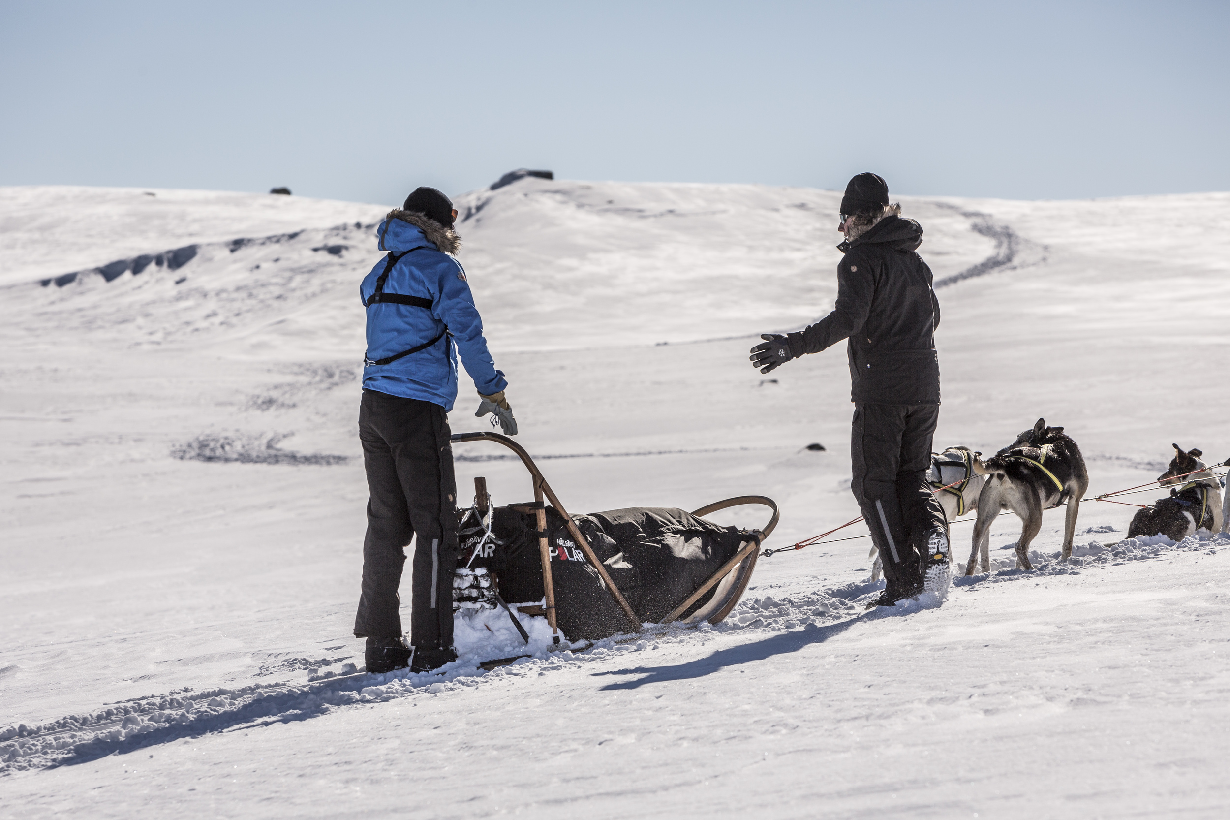 Our mushers, experts in each husky's temperament and capabilities, make adjustments to our dog teams on the fly when necessary. Photo by Håkan Wike for Fjällräven International. All rights reserved.)