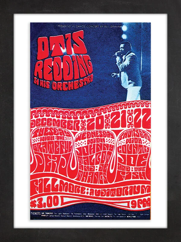 Otis Redding, 1966 Wes Wilson, the legendary designer of psychedelic posters for concert promoter Bill Graham, created this impossibly groovy 1966 poster for Otis Redding and His Orchestra's three nights at the Fillmore in San Francisco. Wilson's signature wavy letterforms are a little hard to make out, but they reveal that the Grateful Dead, Johnny Talbot and De Thangs, and Country Joe and the Fish were the opening acts on each successive night.