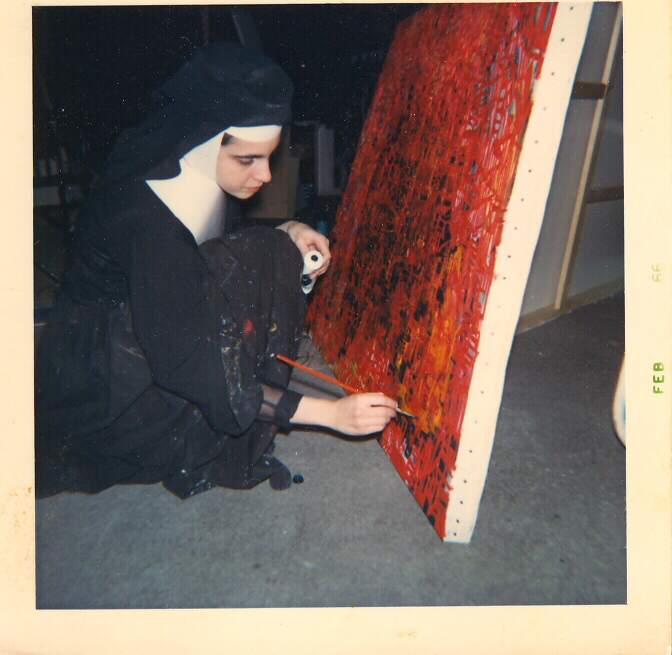 My mom, Sister Irene Angela Gemma Rossini, is seen here in 1966 working on one of her large oil paintings. She would later add Cullen to her name, but never dropped the Rossini. 