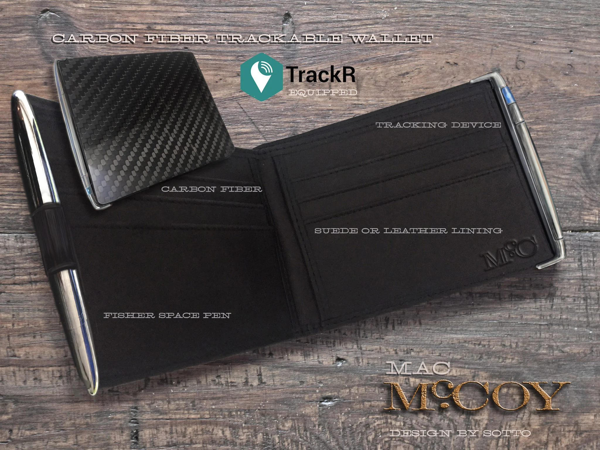 Another image depicting the look of the wallet with the hidden tracker element within. The blue pairing light confirms the TRACKR is on and live. ©SottoStudios/LA