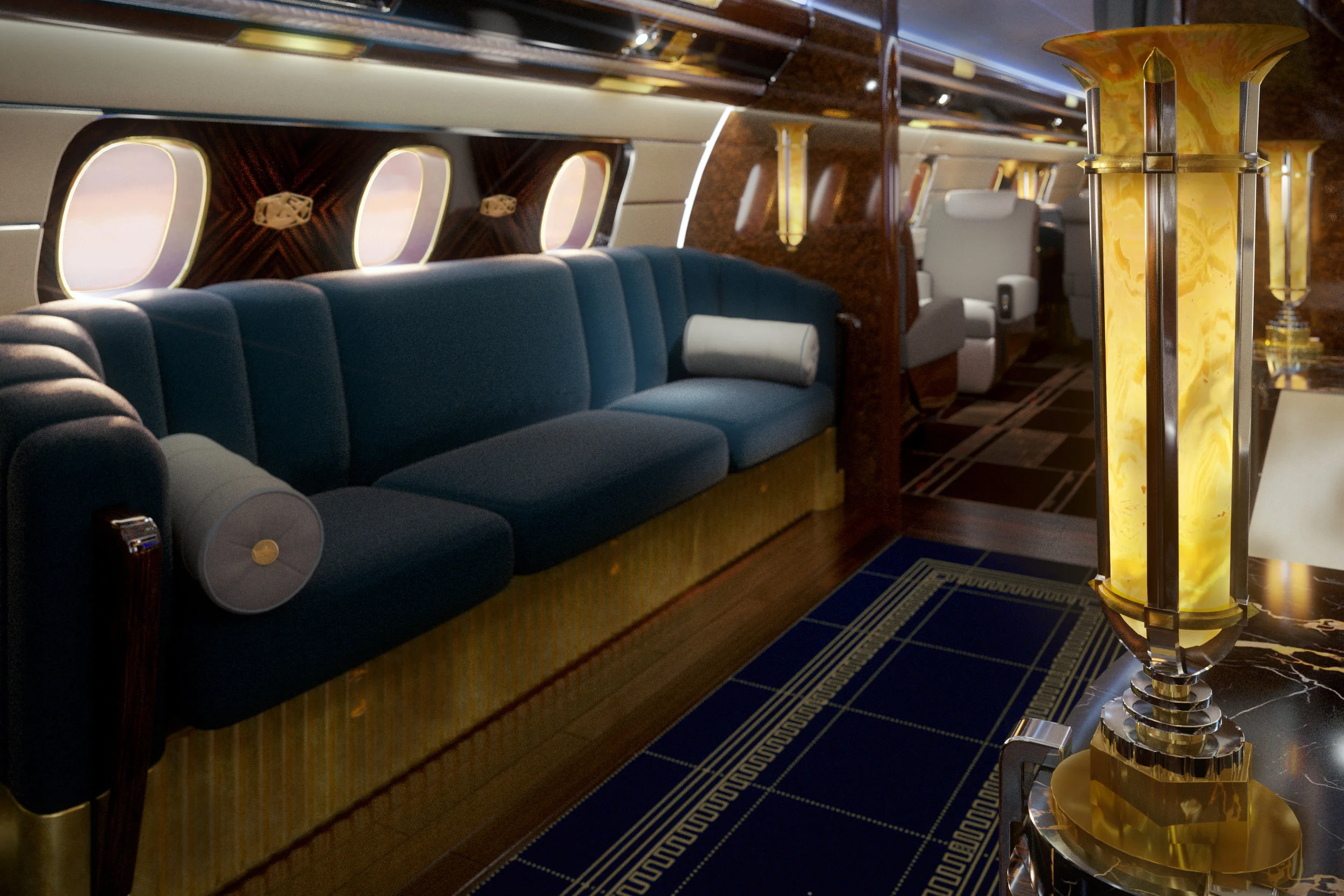 The Theater includes a 4K screen flanked by alabaster torcheres, book-matched burl cabinetry appointed with nickel and brass.