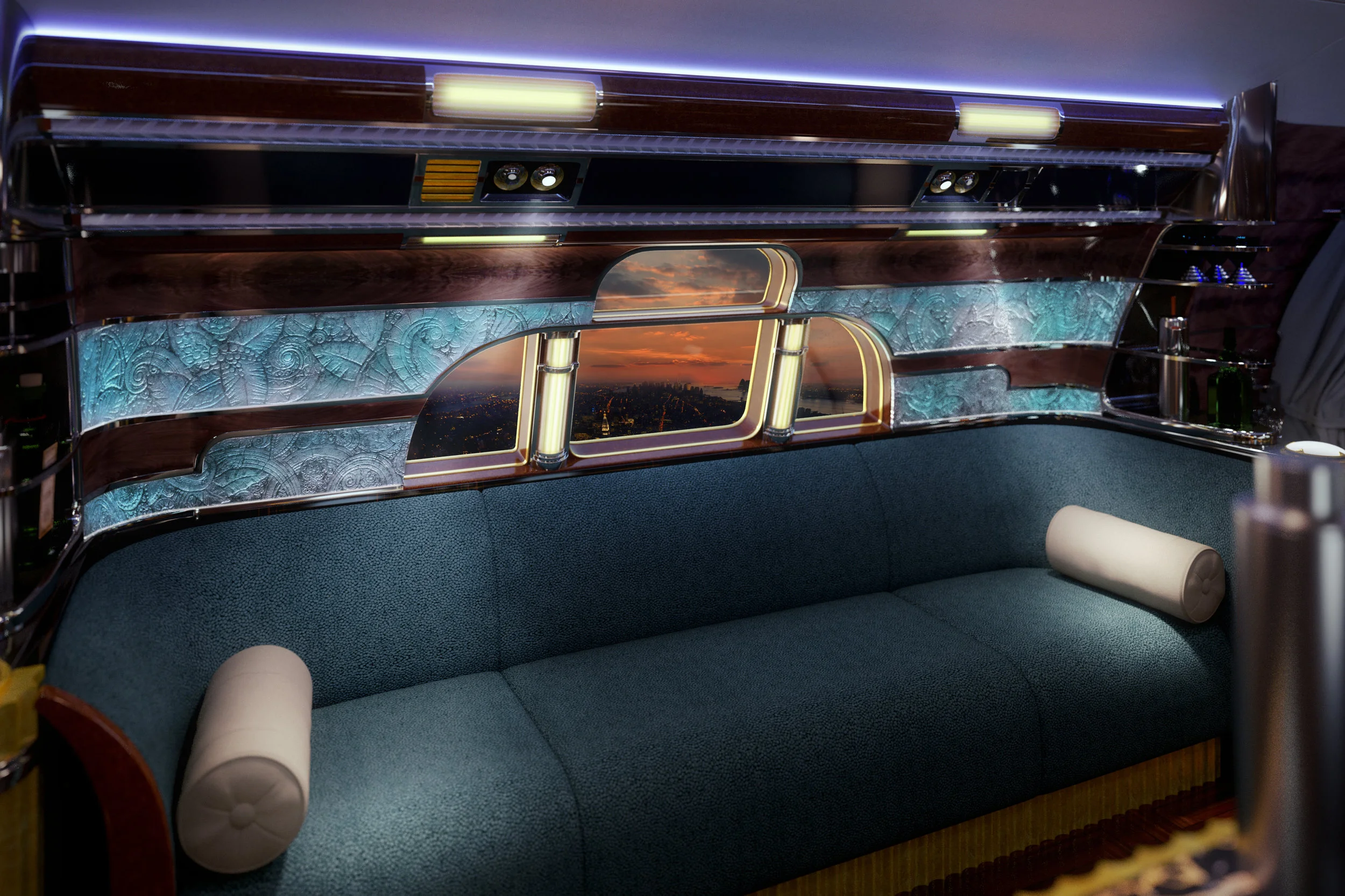 Embraer's  largest window in aviation is the centerpiece of the Cloud Club lounge. Flanked by glowing crystal murals, it's a Rainbow Room in the sky! ©EEJ