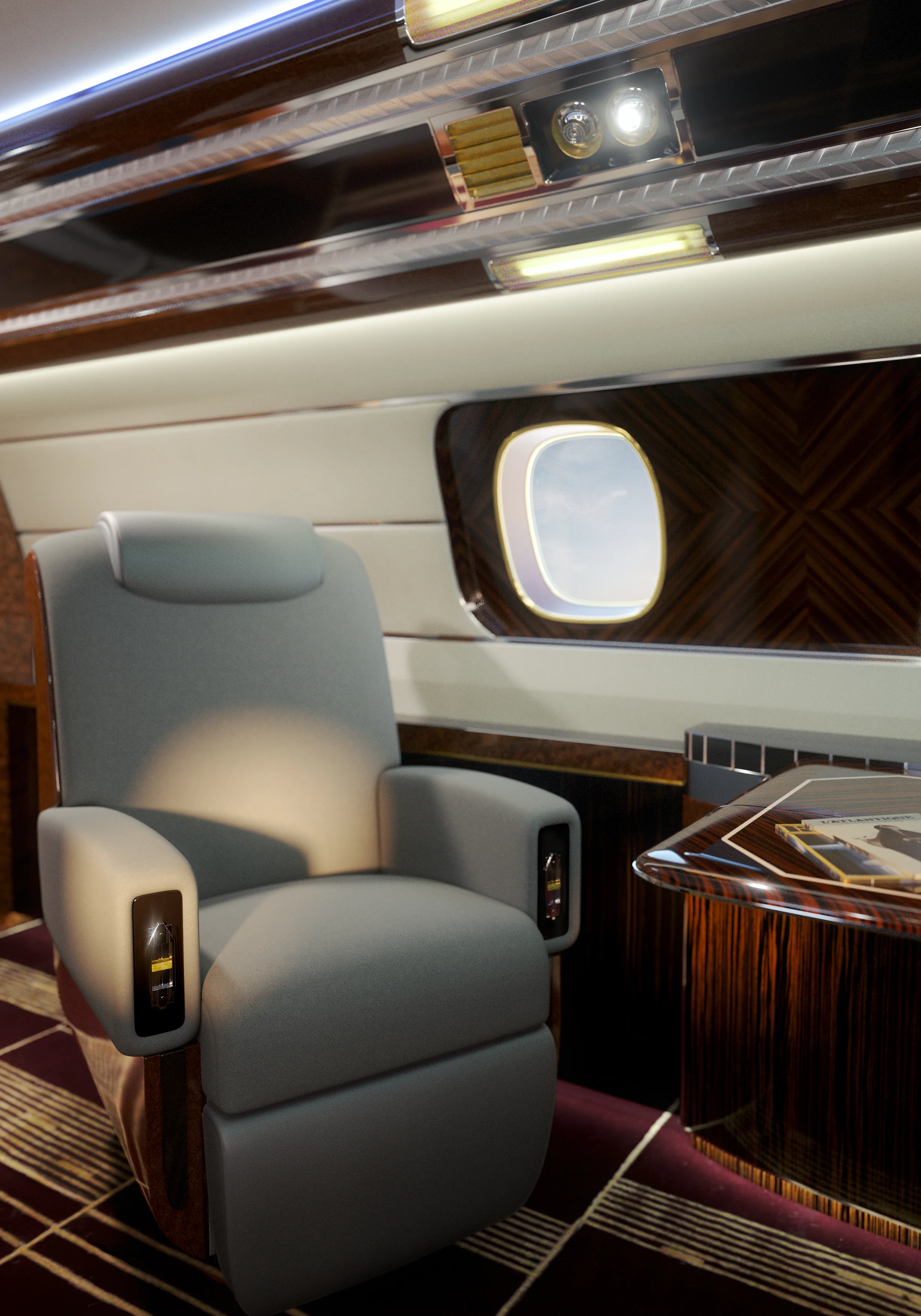 Club chairs in the sky. Mohair upholstery, macassar mahogany and inlaid ivory, bookmatched in the manner of Ruhlmann. ©EEJ