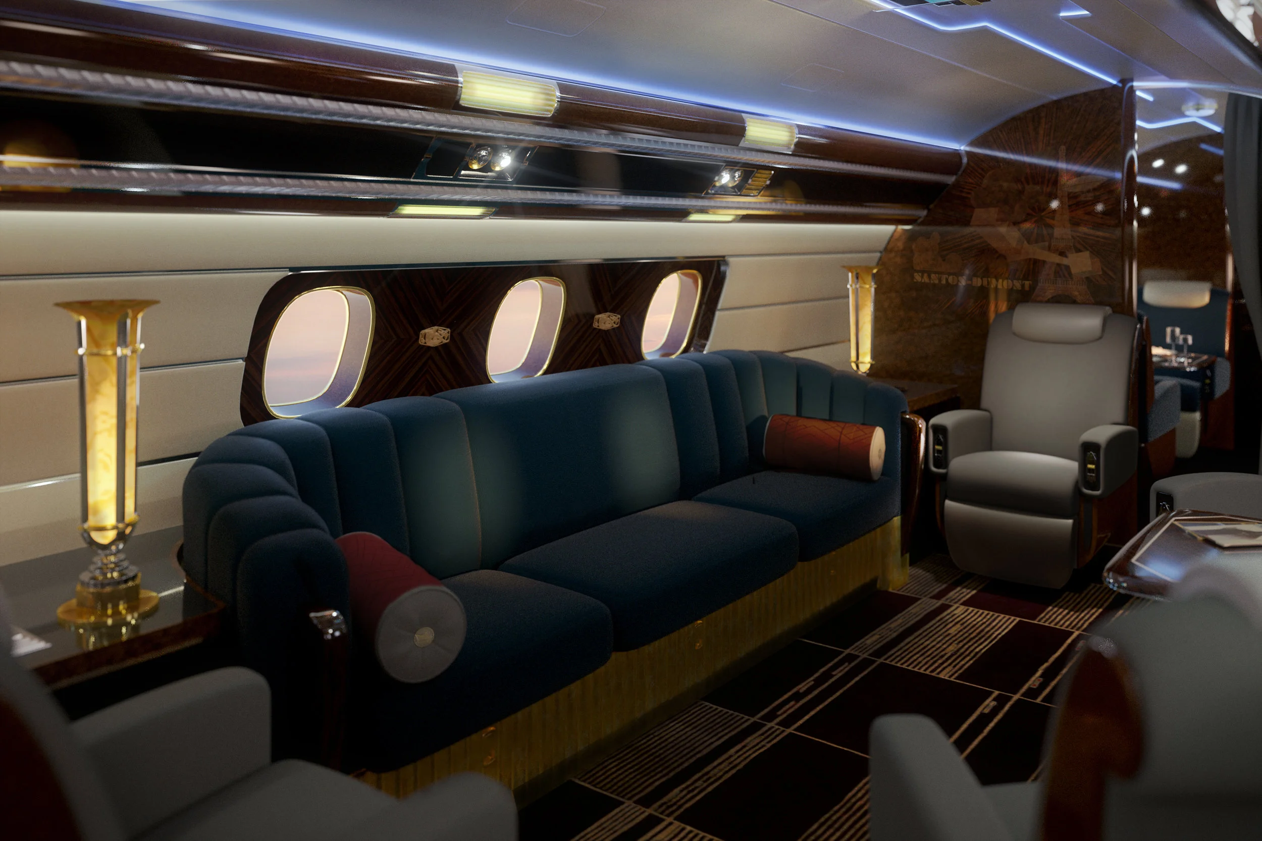 The Salon DuMont  takes conversation to new heights with rotational mohair seating and a marquetry mural dedicated to the Brazilian aviator.