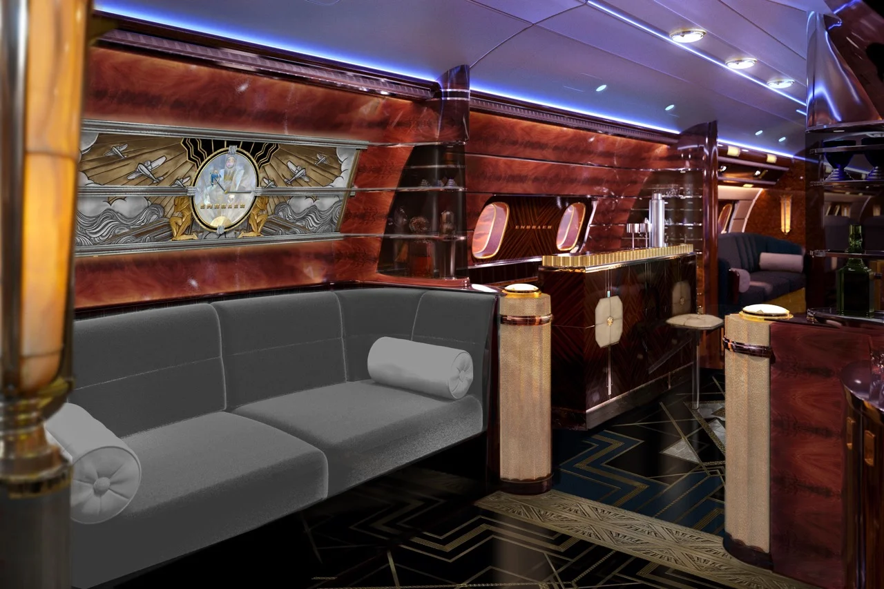 Spectacular brass and stone inlay murals formed the entries of the Empire State building and other grand spaces of the 1930's. The Manhattan sets the stage as well with it's own metallic and marble "skyline" over a mohair davenport. Marble pede…