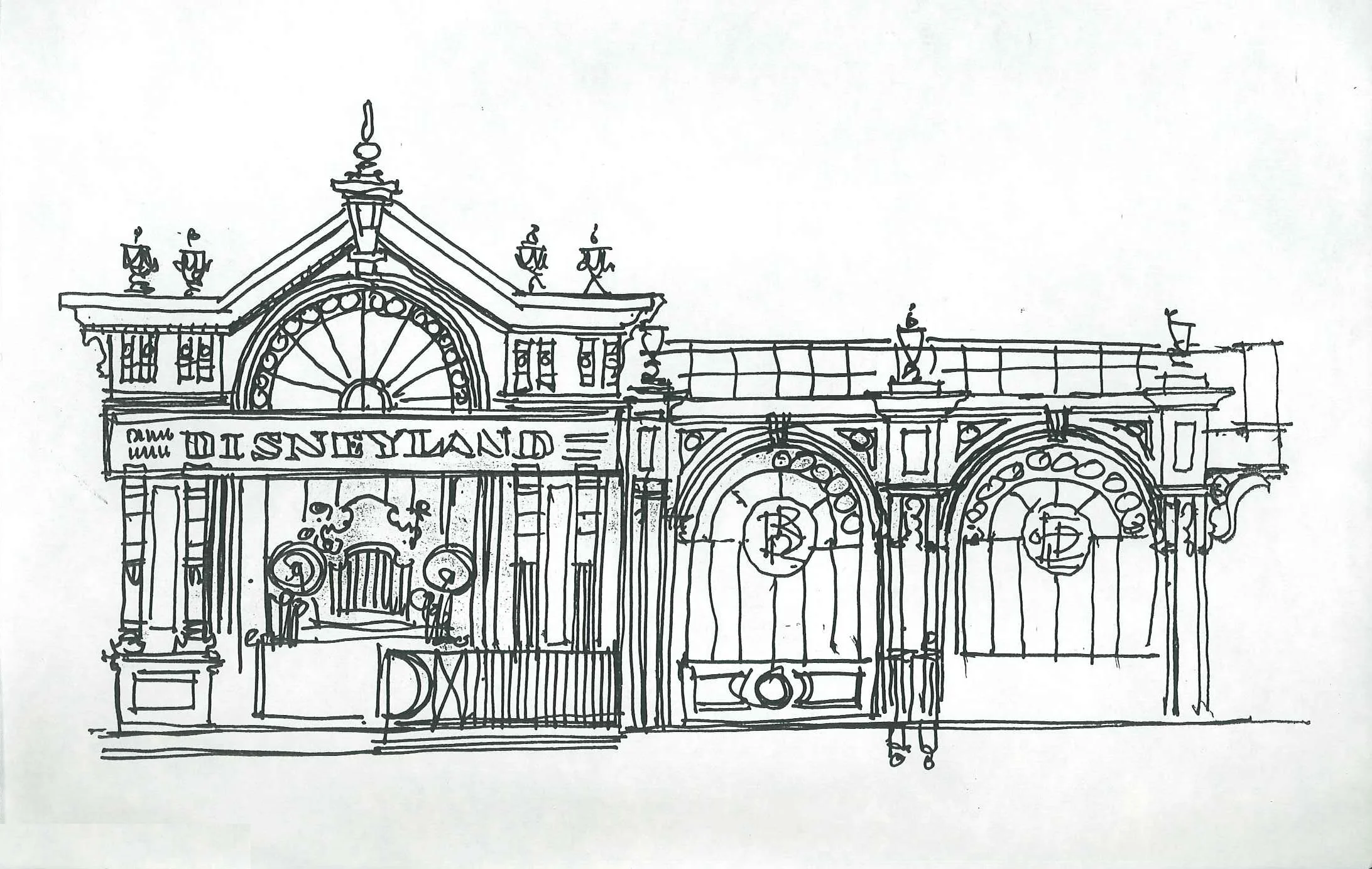 First Sotto elevation sketch of the Station marquee facing the Disneyland Hotel©Sotto