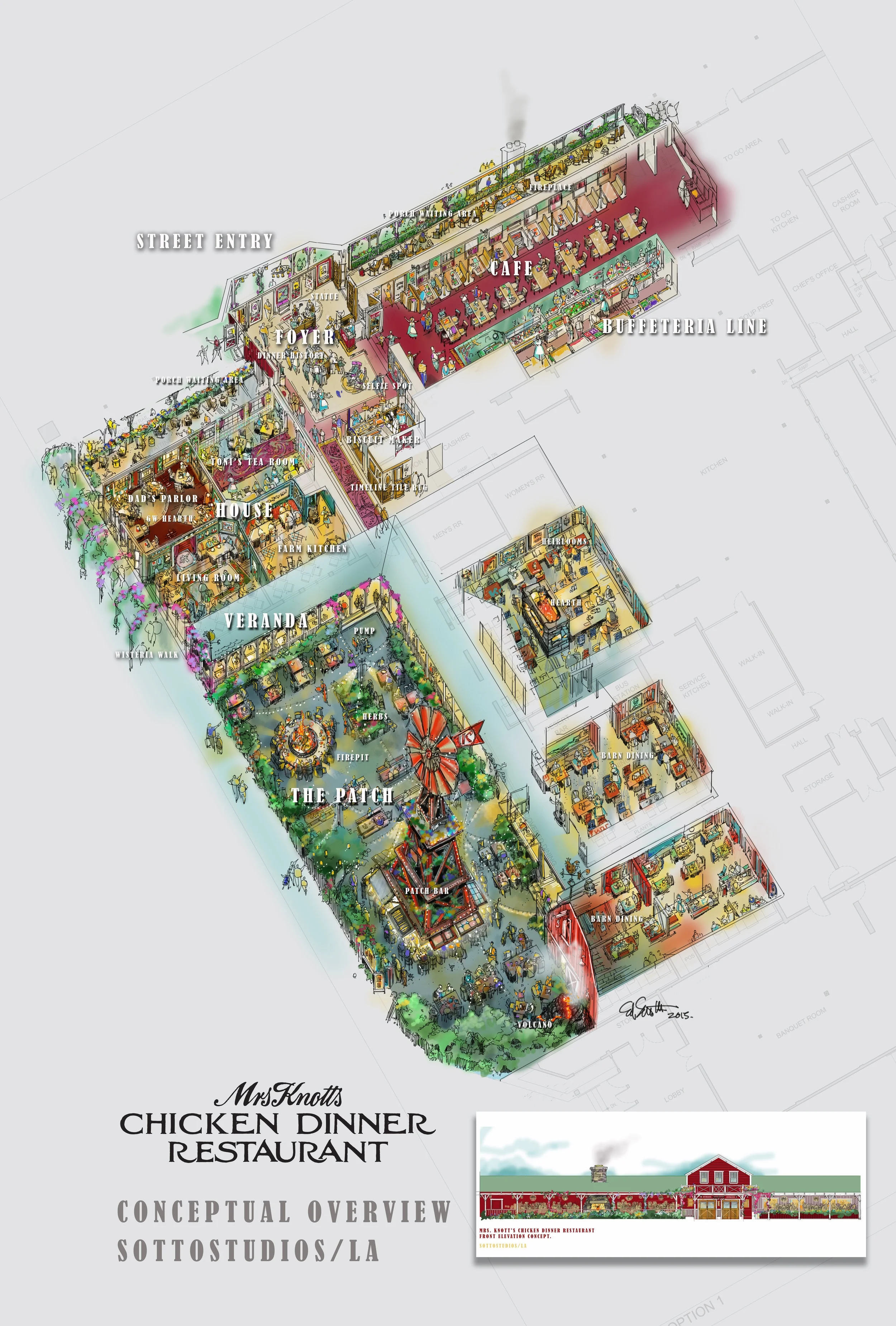 A "bird's-eye" view of the Restaurant. Several dining environments suited to today's tastes. The kitchen, parlor and living room of the "Knott's Farmhouse", "The Patch" Bar and Campfire, and the eclectic "Cordy's Barn" dining hall. Simply Knott's and the DNA of the brand. 