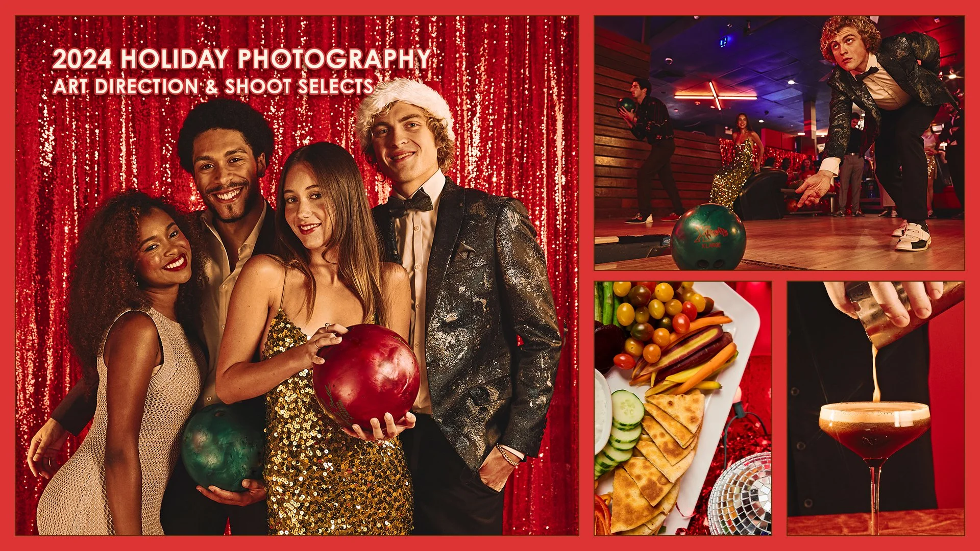 These selects show how the art direction extended from formal group portraits to bowling action, food and cocktail details. Consistent lighting, warm color and red foil styling created a flexible image library that carried Lucky Strike’s elevated, re
