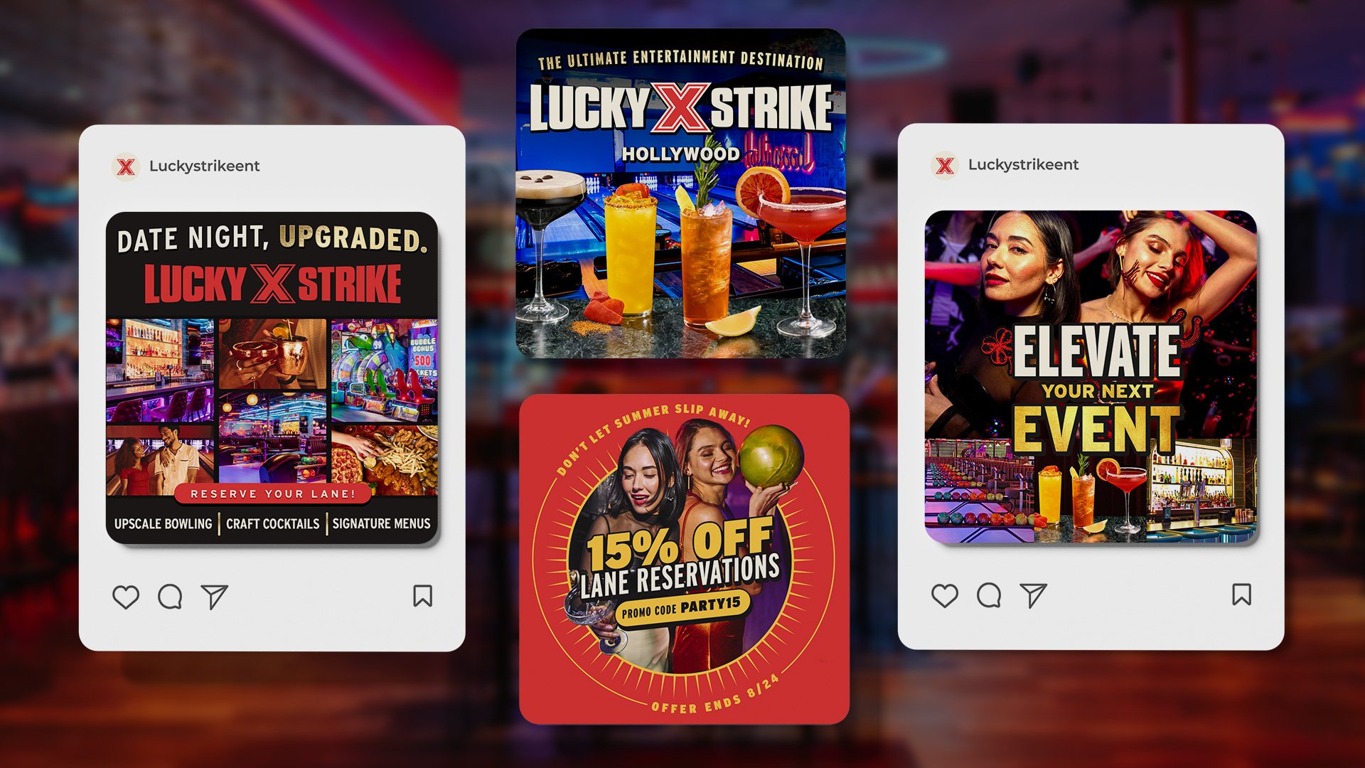 Paid social combined nightlife photography, bold promotional messaging, and location-specific details to position Lucky Strike as more than a place to bowl.