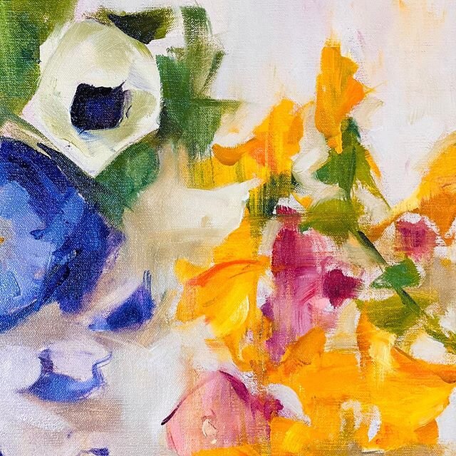 This is a piece of something on my easel right now, the dried remainders of a bouquet of ranunculus and freesia. 🌸