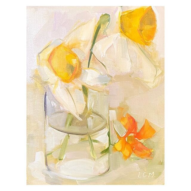 Daffodils and a nasturtium, 11&rdquo;x14&rdquo;, oil on linen panel // my nasturtiums are thriving right now and I love how bright the orange flowers are. Did you know you can eat the blossoms? I love how they look in a salad (but - I actually hate h