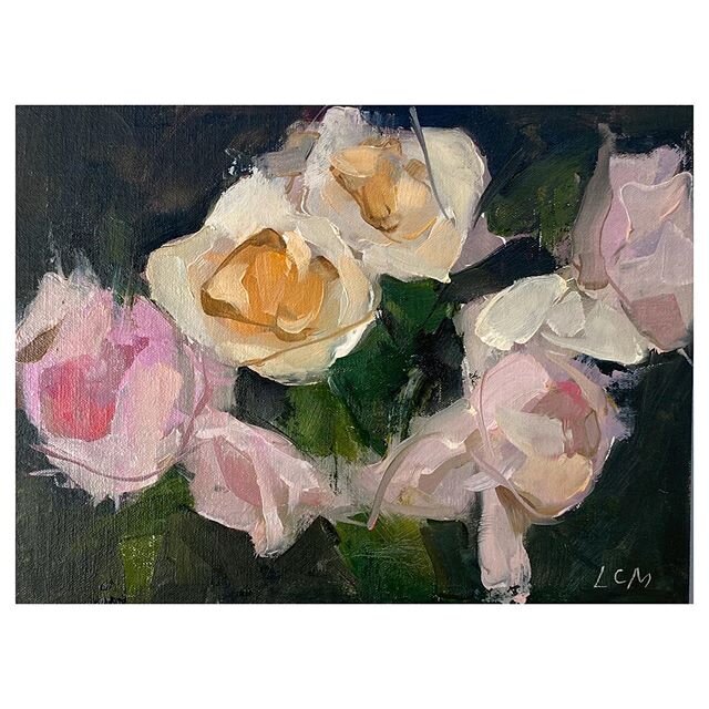 Warm Centers, 9&rdquo;x12&rdquo;, oil on linen panel // the most beautiful old-fashioned roses from @wildbloomsfarm and @blumenflowerfarm. Such a joy to spend time with these. .
.
.
#isolationcreation #allaprima #flowerpainting #bloooms #roses #david